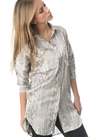 Satin Longline Shirt in Grey Abstract Print